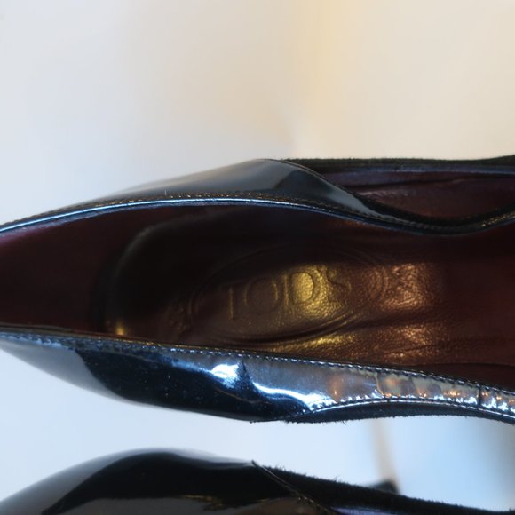 WOMENS TOD'S BLACK POINTY SUEDE PATENT LEATHER HEELS PUMPS 39 US/9 * - Picture 7 of 10